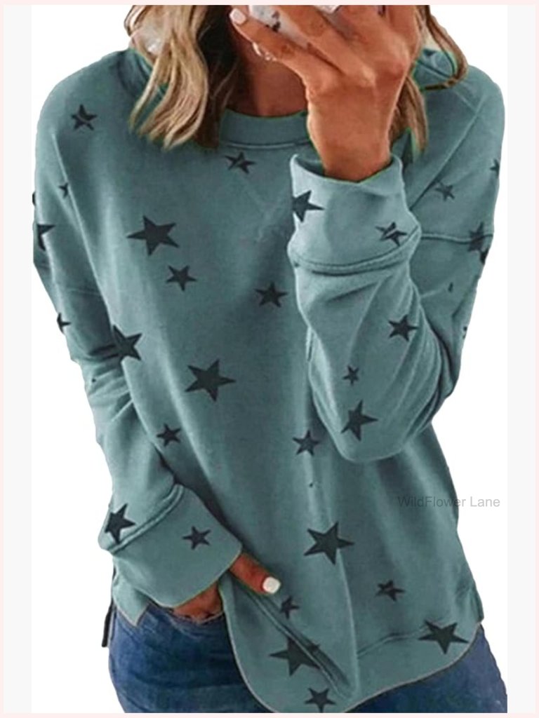 Plus Size Star Print Crewneck Sweatshirt Long Sleeve Side Split Pullover Top